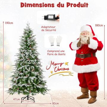 Costway Umjetno božićno drvce 190 cm, snježni premaz, s 765 vrhova, 62 češera, 280 LED toplih bijelih svjetala
