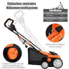 Costway Električni aerator za travnjak 1800W, 2 razine dubine rada, 67x58x86-104 cm, narančasti