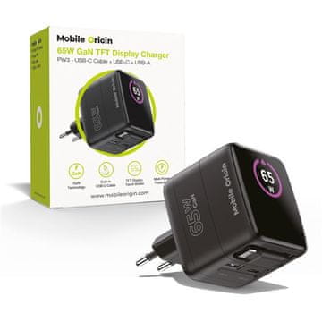 Mobile-origin PW3 punjač s zaslonom, 65 W, crni (MO-65WDCH-PW3)