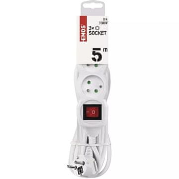 EMOS Produžni kabel 5 m / 3 utičnice / s prekidačem / bijeli / PVC / 1 mm2