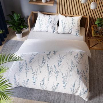Sela - Set posteljine od satena - bijela s plavom i sivom - trava i vlati - 160x200 cm