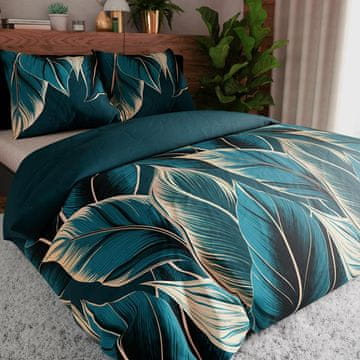 Levi - Set posteljine od satena - boca zelena s bež - lišće - 220x200 cm