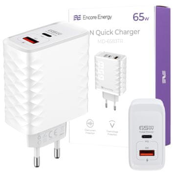 Novi GaN 65W USB-A + USB-C QC PD zidni punjač MD-6583TR