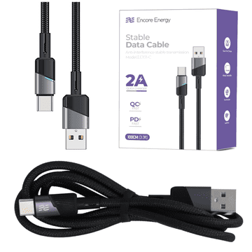Novi USB-A USB-C 2A QC PD kabel za punjenje i prijenos podataka 100 cm pleteni crni EE101-C