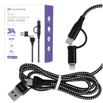 Novi 4u1 USB-C USB-A Lightning 3A kabel QC PD 60W za punjenje i prijenos podataka 100 cm pleteni EE115