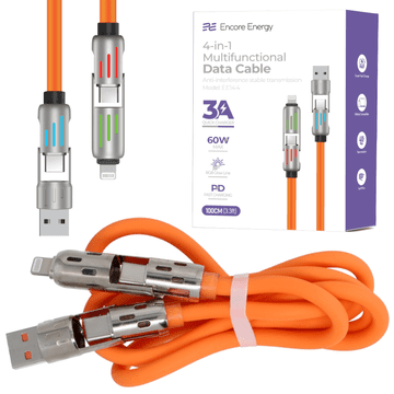 Novi 4-u-1 kabel sa svijetlećim utikačima USB-C USB-A Lightning 3A QC PD 60W kabel za punjenje i prijenos podataka 100 cm narančaste boje EE144