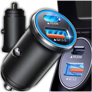 AUTO PUNJAČ BRZO PUNJENJE 30 W + QC 3.0 DVA PRIKLJUČKA USB-C USB-A