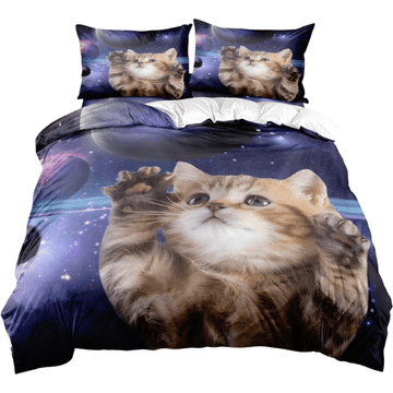 Nikcorp Dječja posteljina komplet 3 komada 200x200 cm, 2 jastučnice 65x65 cm, mikrovlakno, Purple Star Cat motiv, dvostrani, patent zatvarač, vezice, perivo, za dječju sobu