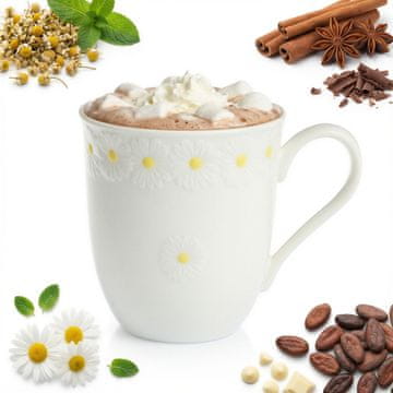 Šalica za kavu, čaj i čokoladu 300 ml, bijela keramička, s uzorkom linije tratinčica