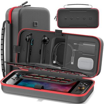 Nikcorp Putna torbica za Nintendo Switch i OLED konzolu, tvrda zaštitna navlaka, 1680D najlon, prostor za 28 igara, pretinci za punjač i JoyCon kontrolere, ergonomska ručka, crvena boja, otporna na udarce
