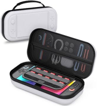Nikcorp Putna zaštitna torbica za Nintendo Switch 2, čvrsta bijela futrola 26x13x6 cm, troslojna zaštita s mikrovlaknima, 10 utora za igre, mrežasti džep za dodatke, silikonska ručka, dvostruki patentni