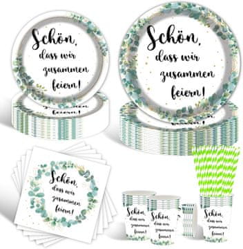 Nikcorp Set papirnatog posuđa Eucalyptus 80 komada za 16 osoba, ukrasni rođendanski pribor za jelo, tanjuri 23 cm i 18 cm, čaše i salvete, ekološki papir za hranu, idealno za rođendane i proslave