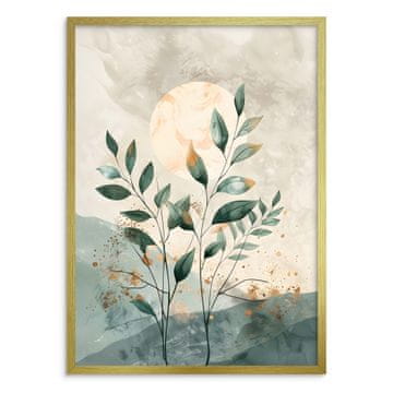 Minimalistički zidni poster sa zlatnim okvirom i zelenim lišćem, boho
