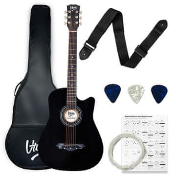 One AG ONE BK akustična gitara 4/4 crna za početnike, trzalice, remen, rezervne žice, kofer, set akorda
