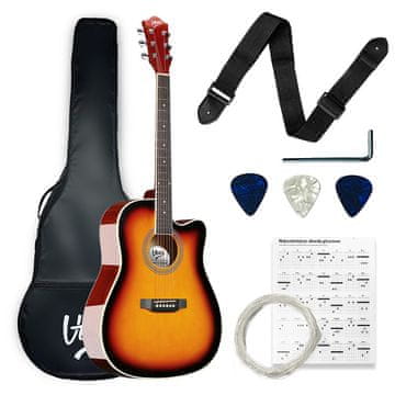 One AG TWO SB 4/4 sunburst akustična gitara za početnike, trzalice, remen, rezervne žice, kofer, akordi, ključ za podešavanje, set
