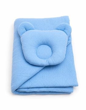 MY SWEET BABY MUSLIN poplun s medvjedićem i punjenjem i konturiranim jastukom - set od 2 dijela, plava