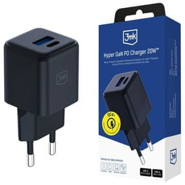 3MK 20W GaN punjač za napajanje USB-C/USB-A crni zidni punjač