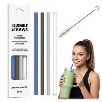 Berdsen plastične slamke za višekratnu upotrebu, set od 4 + četkica za zube