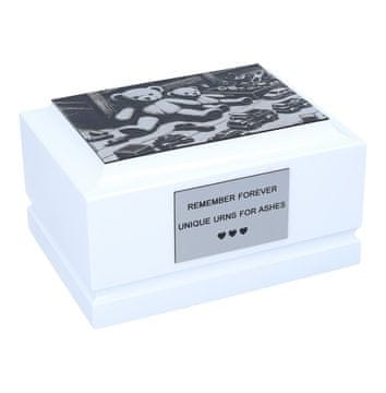 BE Bijela dječja urna, ugravirana s igračkama, personalizirana Bijela dječja urna s igračkama, personalizirana