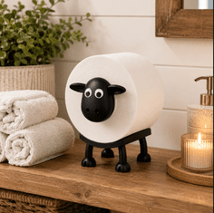 HOME & MARKER® Dekorativni držač rezervne role toaletnog papira, ovčica, bez bušenja i alata, crni ABS dizajn 16 cm | ROLLSHEEP