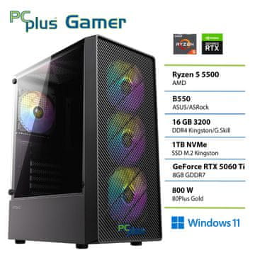 PCplus Gamer Ryzen 5 5500 16GB 1TB RTX 5060 Ti 8GB Windows 11 Home gaming stolno računalo