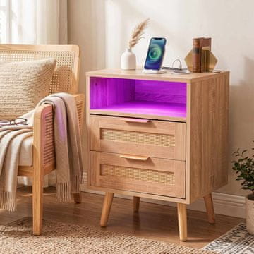 Northix Noćni ormarić od ratana s LED rasvjetom, 2 ladice, USB priključci