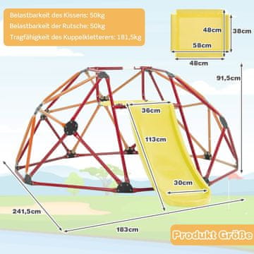Northix Dječja kupola za penjanje s toboganom, nosivost 180 kg, narančasta/crvena