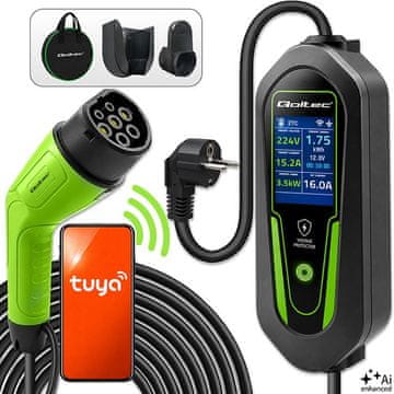 Qoltec Qoltec Brzi punjač za EV/hibride 2u1 Tip2 | 3.5kW | 230V | SCHUKO 16A | Wi-Fi | Tuya | LCD | 5m
