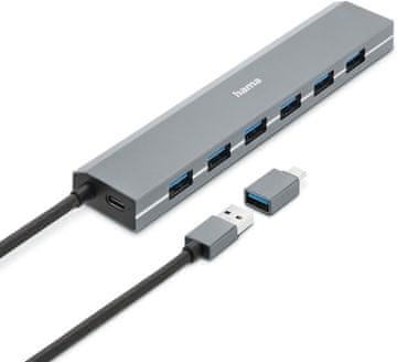 Hama Hama USB-C Hub, 7-portni (7x USB-A + USB-C) s napajanjem, aluminij