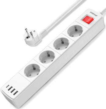 slomart POWSAF razdjelnik 4 utičnice + 4 USB (uklj. USB-C), 4000W, prekidač