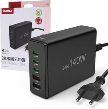 Hama Hama 5-portni USB GaN punjač 140W, USB-C PD/USB A