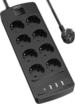 slomart POWSAF utičnica, 8x + 4x USB (uklj. USB-C), s prekidačem, crna