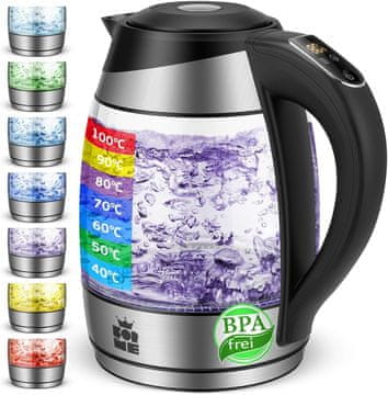 FOR FOR ME stakleno kuhalo za vodu, 1,8L, 7-bojni LED, podesiva temp. 40-100C