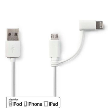 Nedis 2 u 1 kabel | USB 2.0 | USB-A muški | Apple Lightning, 8-pinski / USB Micro-B muški | 480 Mbps | 1,00 m | Niklani | Okrugli | PVC | Bijeli | Plastična vrećica