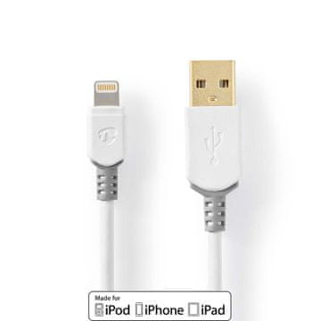 Nedis Lightning kabel | USB 2.0 | Apple Lightning, 8-pinski | USB-A muški | 480 Mbps | Pozlaćen | 1,00 m | Okrugli | PVC | Siva/bijela | Kartonska kutija s prozorčićem