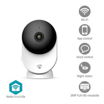 Nedis SmartLife unutarnja kamera | Wi-Fi | 3MP Full HD 1296p | Pohrana u oblaku (opcionalno) / microSD (nije uključena) / Onvif | Sa senzorom pokreta | Noćni vid | Bijela