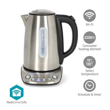 Nedis SmartLife električno kuhalo za vodu Wi Fi 1 7 l Nehrđajući čelik 70 80 90 100 C Pokazatelj temperature Okretno za 360 stupnjeva Skriveni grijač Strix kontroler Android IOS