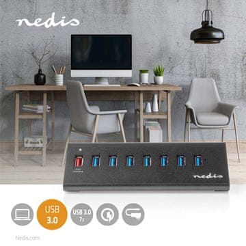 Nedis USB hub | USB Micro-B ženski | USB-A ženski | 8-portni priključak | QC3.0 / USB 3.2 Gen 1 | Adapter za napajanje / USB napajanje | 5 Gbps | 8x USB