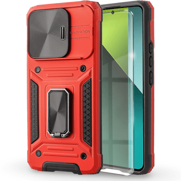 Overboard Oklopna maskica za Xiaomi Redmi Note 13 Pro 5G, CamShield Slide, crvena + 9H kaljeno staklo