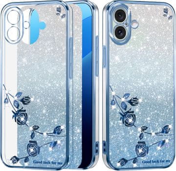 GS Futrola za iPhone 16, cvijet s svjetlucavim efektom, plava