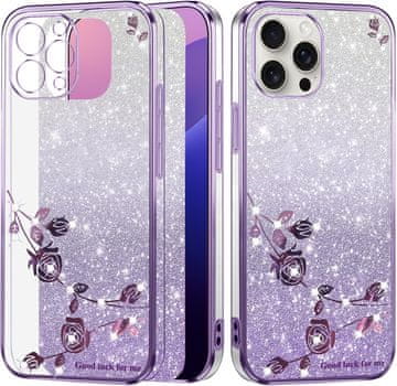 GS Futrola za iPhone 16 Pro, cvijet s svjetlucavim efektom, ljubičasta