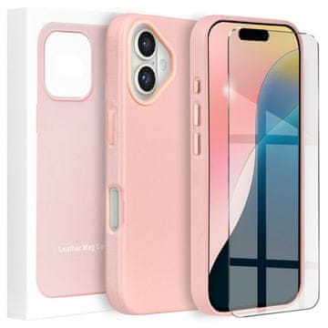 GS MagSafe kožna futrola za iPhone 16, roza + kaljeno staklo 9H