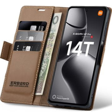 Overboard Xiaomi 14T Pro maskica, sjajna liči maskica, novčanik s preklopom, smeđa