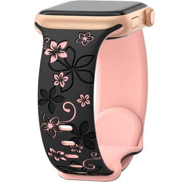 GS Silikonski remen za Apple Watch 1/2/3/4/5/6/7/8/9/10/11/SE Ultra 1/2/3 42/44/45/46/49 mm, cvjetni uzorak, crna / ružičasta