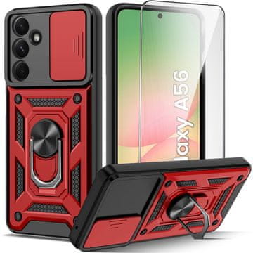 Overboard Oklopna maskica za Samsung Galaxy A56 5G, CamShield Slide, crvena + kaljeno staklo 9H