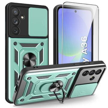 Overboard Oklopna maskica za Samsung Galaxy A36 5G, CamShield Slide, zelena + kaljeno staklo 9H
