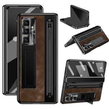 GS Kožna futrola za Samsung Galaxy Z Fold7 5G, sa stalkom, staklom i olovkom, smeđa