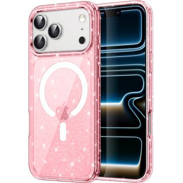GS Futrola za iPhone 17 Pro, otporna na MagSafe, sa šljokicama, prozirno ružičasta