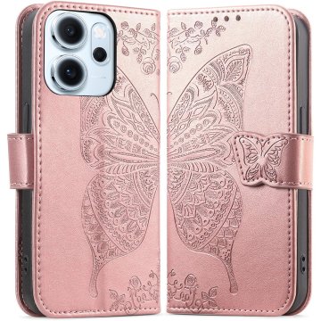 GS Preklopna maskica za Oppo Reno 14 F / 14 FS, reljefni uzorak leptira, ružičasto zlato