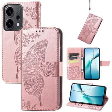 GS Preklopna maskica za Oppo Reno 14, reljefni uzorak leptira, ružičasto zlato